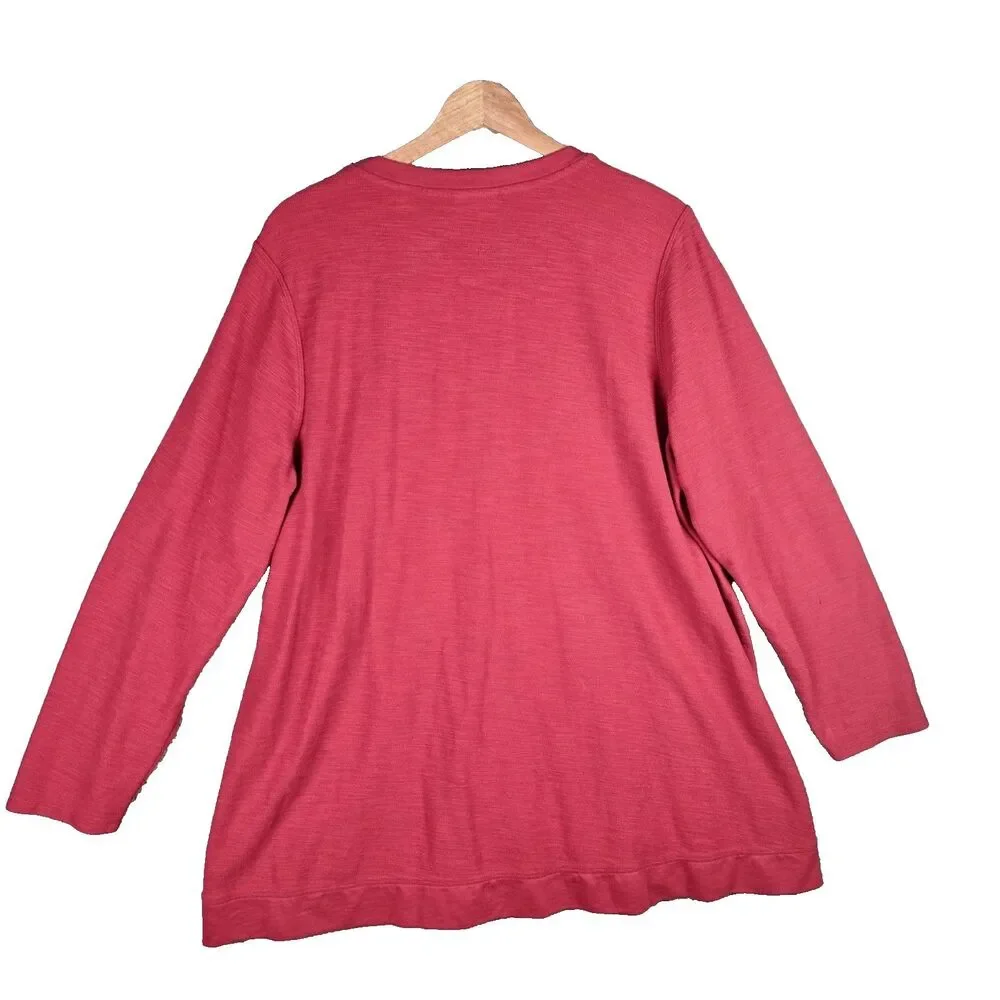 J Jill Womens Tunic Top 2X Red Cotton Blend V Neck Long Sleeve Plus Size Soft